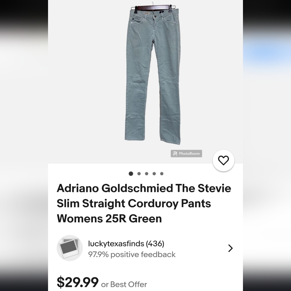 AG Adriano Goldschmiede 26 Reg Stevie Light Green Pants corduroy ankle slim stra - Picture 12 of 14
